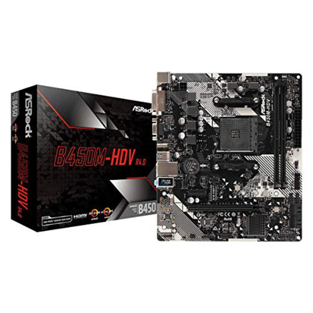 ASRock B450M-HDV Motherboard, AMD Socket AM4, Micro ATX, DDR4, USB 3.1, 1 PCIe 3.0 x16, 1 PCIe 2.0 x1, VGA/DVI-D/HDMI, Realtek Gigabit LAN