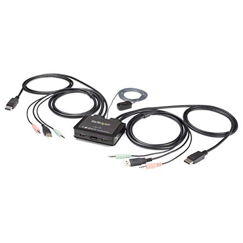 StarTech.com 2 Port DisplayPort KVM Switch, 4K 60Hz, Compact Dual Port UHD DP 1.2 USB Desktop KVM Switch w/ Integrated 4ft Cables & Audio, Bus Powered & Remote Switching, MacBook ThinkPad - 4K KVM Switch w/ Audio (SV211DPUA4K) - KVM / audio switch - 2 x KVM / audio - desktop