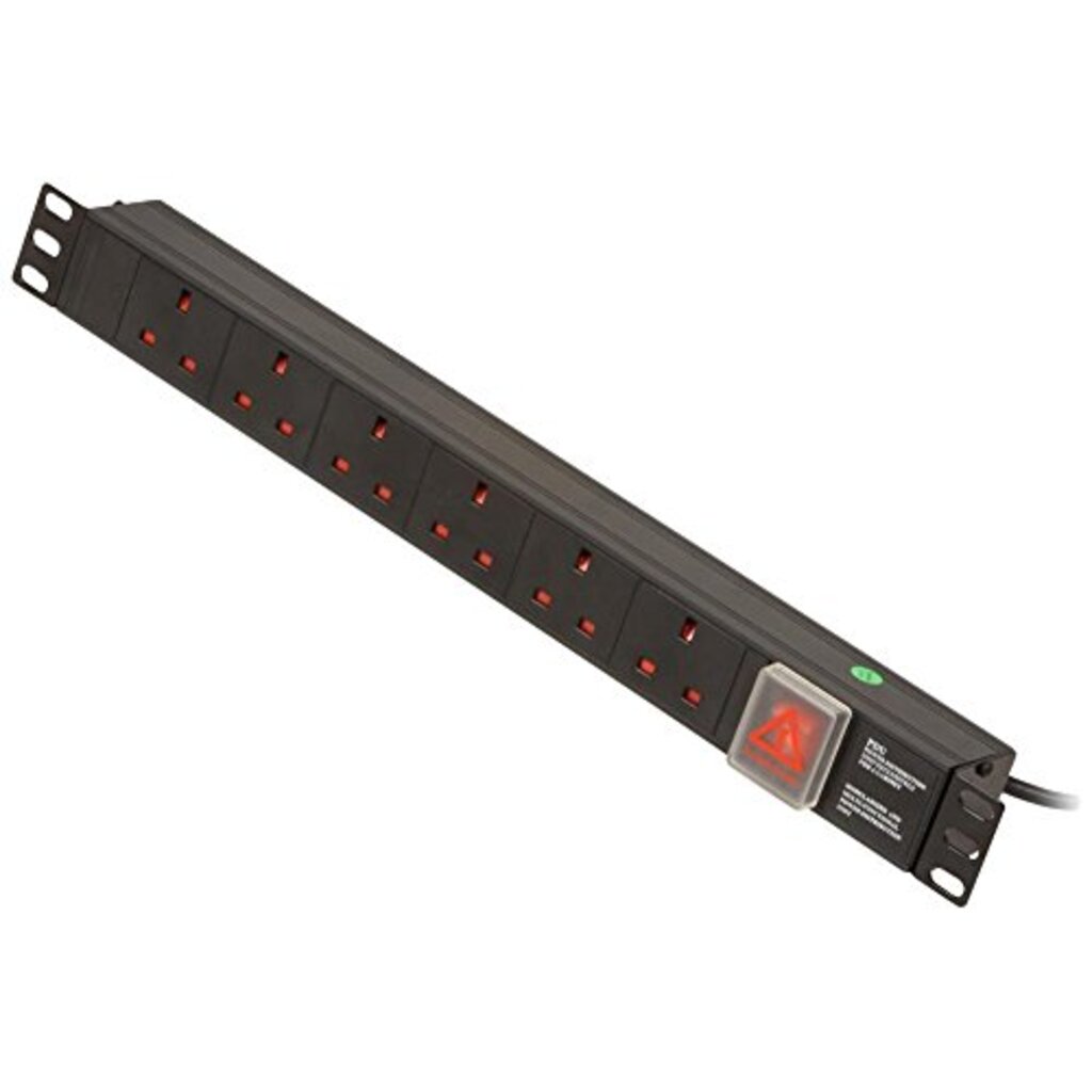 3m Black 1U 6 Way UK Sockets Horizontal PDU with IEC C14 Cable