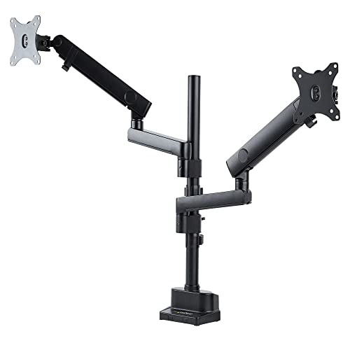StarTech.com Desk Mount Dual Monitor Arm, Full Motion Monitor Mount for 2x VESA Displays up to 32" (up to 17lb/8kg), Ergonomic Vertical Stackable Arms, Articulating, Height Adjustable - Pole Mount, C-Clamp/Grommet (ARMDUALPIVOT) - Mounting kit (pole, 2 monitor arms, base, 2 VESA plates, 2 monitor arm mounts, tool holder) - full-motion dual arm - for 2 monitors - aluminium - black - screen size: 32" - desk-mountable