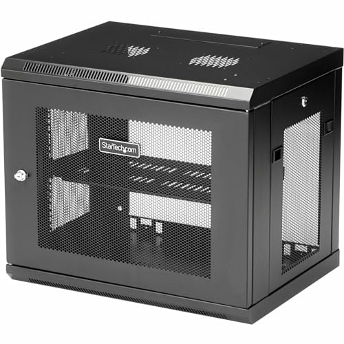 StarTech.com 2 Post 9U 19" Wall Mount Network Cabinet, Adjustable Depth 6-15" Locking IT Switch Depth Enclosure, Vented Computer/Electronics Equipment Data Rack w/ Shelf + Hook & Loop Tape - 19 Inch Wall Cabinet (RK9WALM) - Rack enclosure cabinet - wall mountable - black - 9U