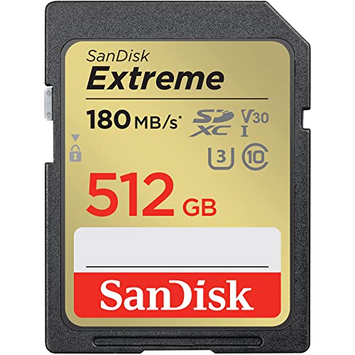 SanDisk Extreme 512GB SDXC Memory Card + 1 year RescuePRO Deluxe up to 180MB/s & 130MB/s Read/Write speeds UHS-I Class 10 U3 V30