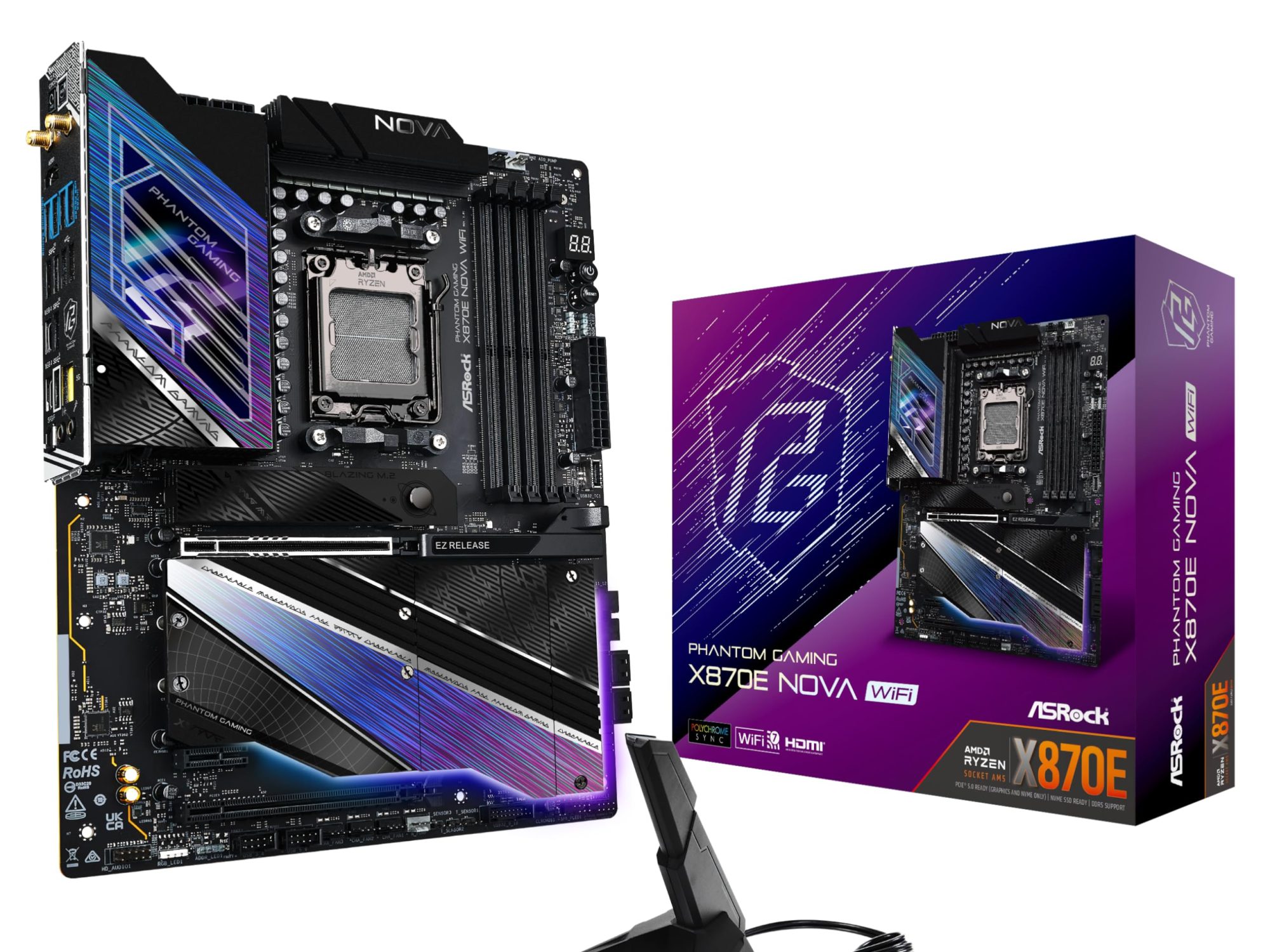 ASRock X870E NOVA WIFI PHANTOM GAMING AMD AM5 Socket Motherboard, ATX, 4x DDR5 Slots, 5x M.2 Sockets, 3x USB-C Port, Fitted I/O Shield, 5GbE LAN, Wi-Fi 7, 1x HDMI Port / 2x USB-C (USB4)