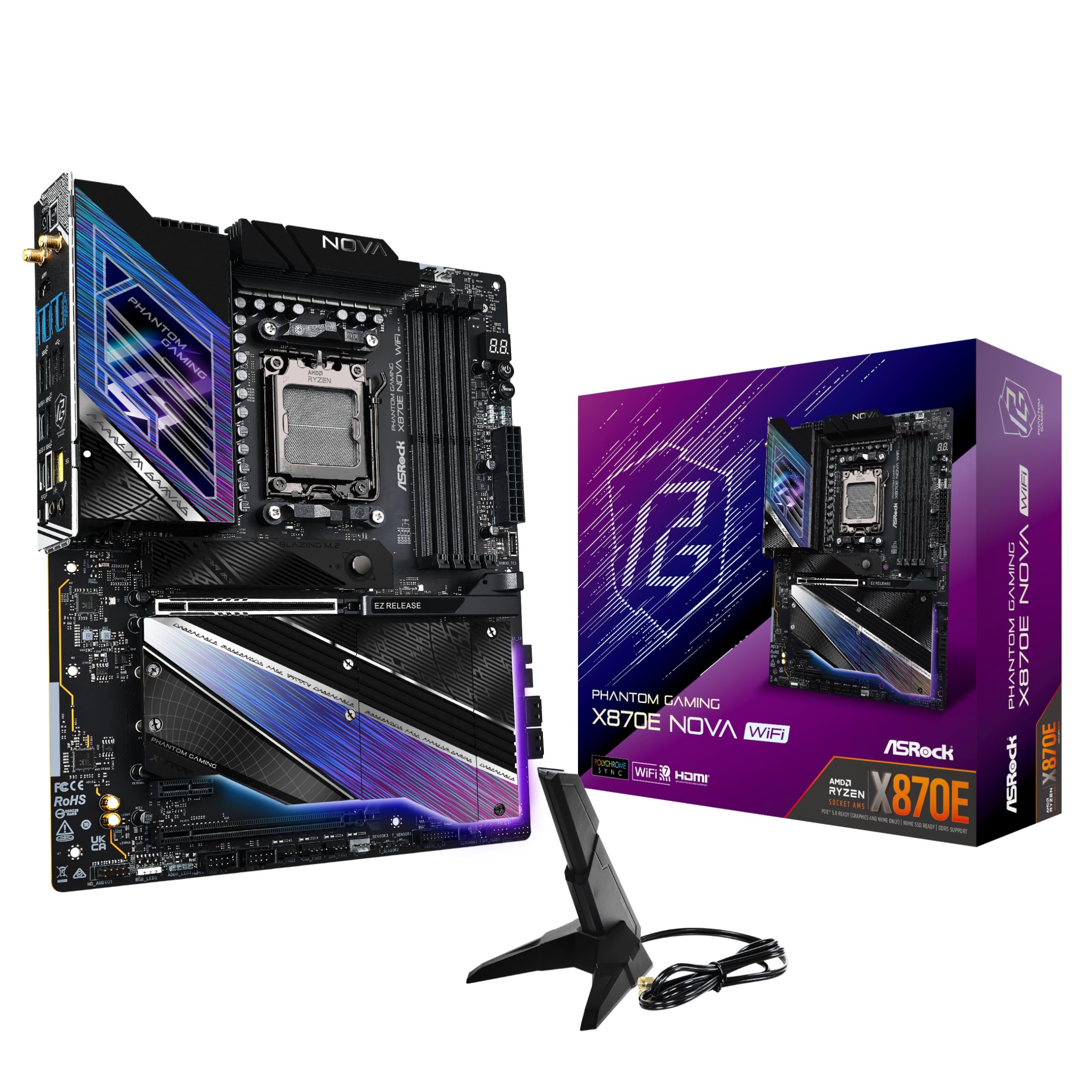 ASRock X870E NOVA WIFI PHANTOM GAMING AMD AM5 Socket Motherboard, ATX, 4x DDR5 Slots, 5x M.2 Sockets, 3x USB-C Port, Fitted I/O Shield, 5GbE LAN, Wi-Fi 7, 1x HDMI Port / 2x USB-C (USB4)