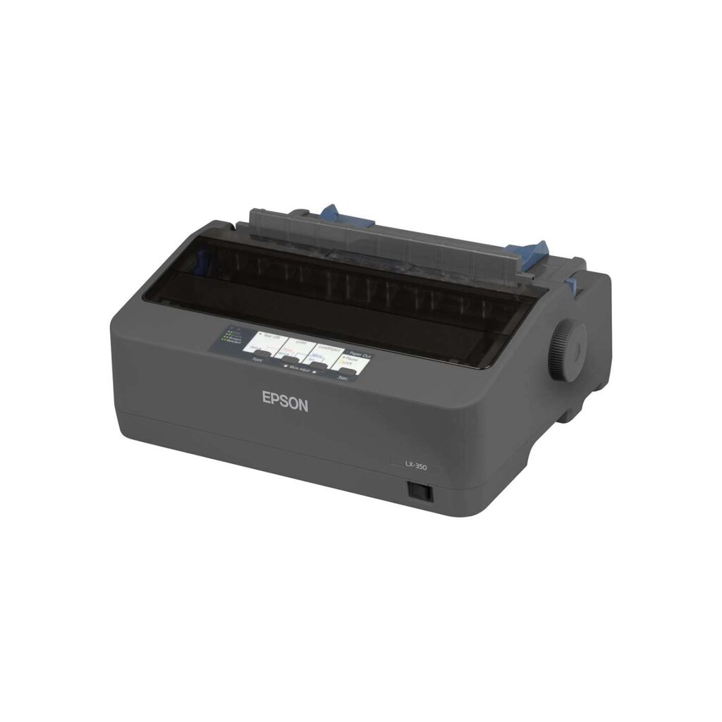 Epson LX-350 Dot matrix printer, 9 pins, 80 column, original + 4 copies, 347 cps HSD (10 cpi), Epson ESC/P - IBM 2380+ emulation, 3 fonts, 8 BarCode fonts, 3 paper paths, single and continous sheet, paper park, USB, Parallel and Serial I/F