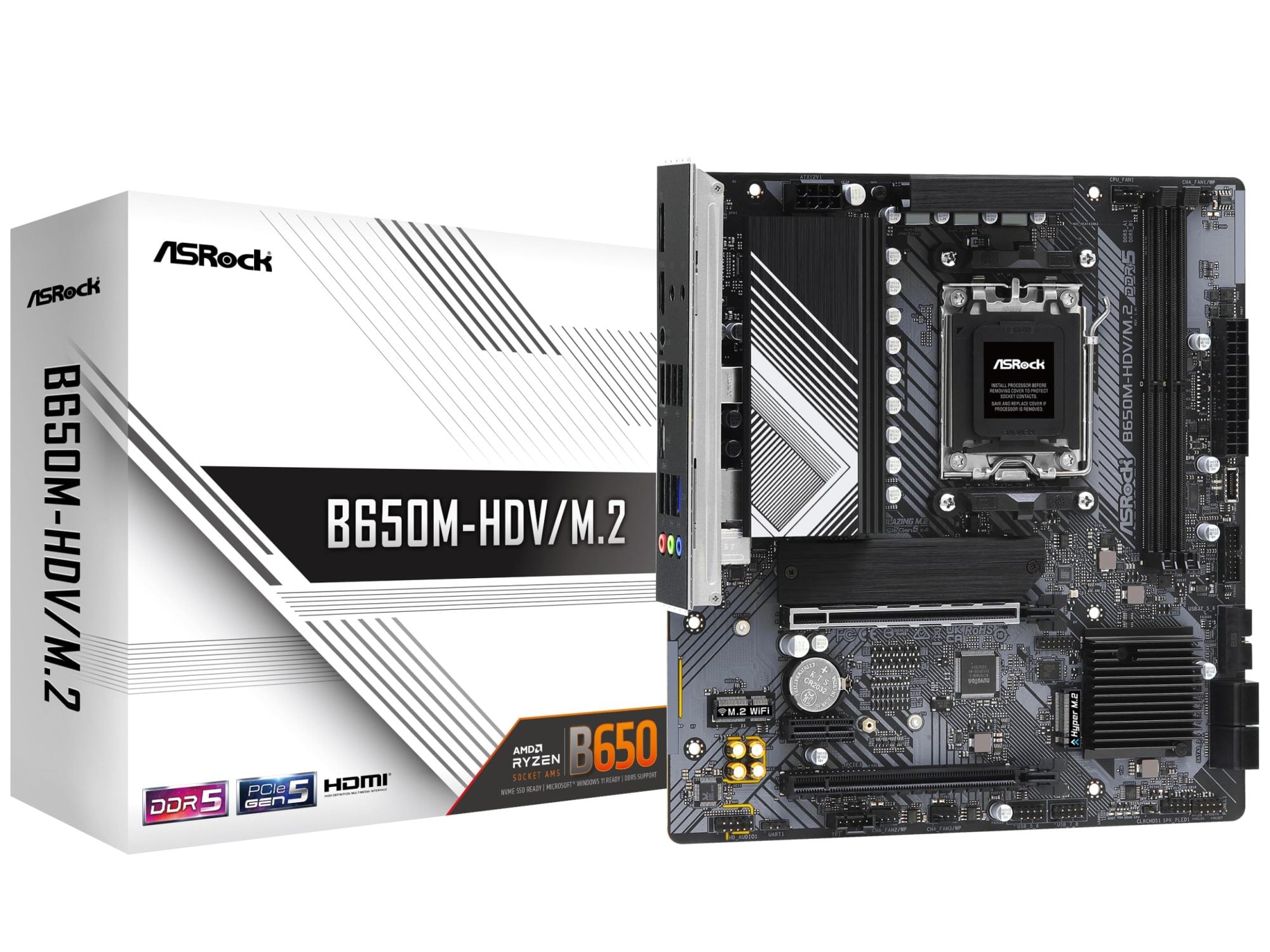 ASRock B650M-HDV/M.2 AMD AM5 Socket Motherboard, Micro-ATX, 2x DDR5 Slots, 3x M.2 Sockets, 2x USB-C Port, Fitted I/O Shield, 2.5GbE LAN, 1x DisplayPort / 1x HDMI Port