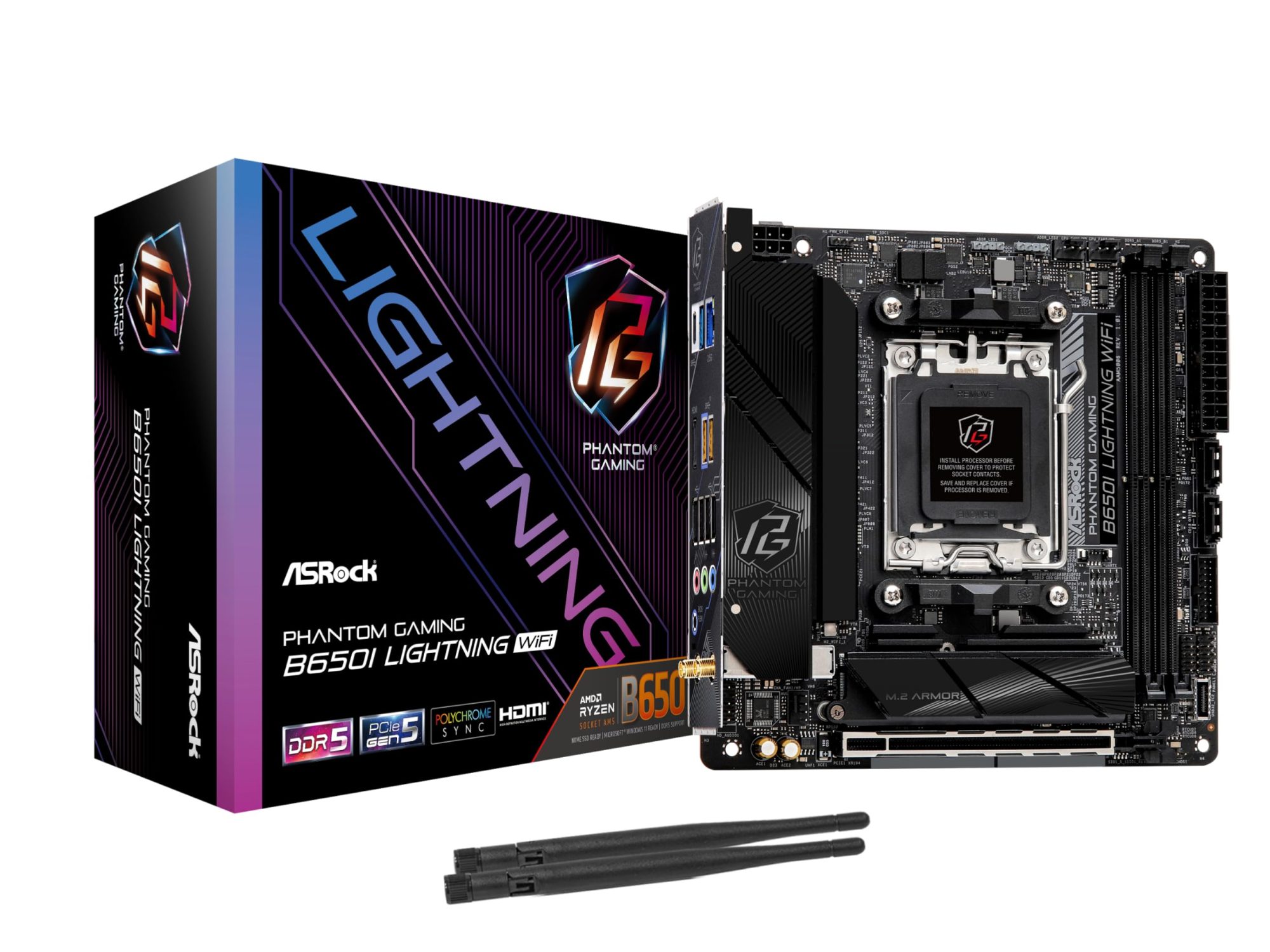 ASRock B650I LIGHTNING WIFI AMD AM5 Socket Motherboard, Mini-ITX, 2x DDR5 Slots, 2x M.2 Sockets, Fitted I/O Shield, 2.5GbE LAN, Wi-Fi 6E, 1x HDMI Port