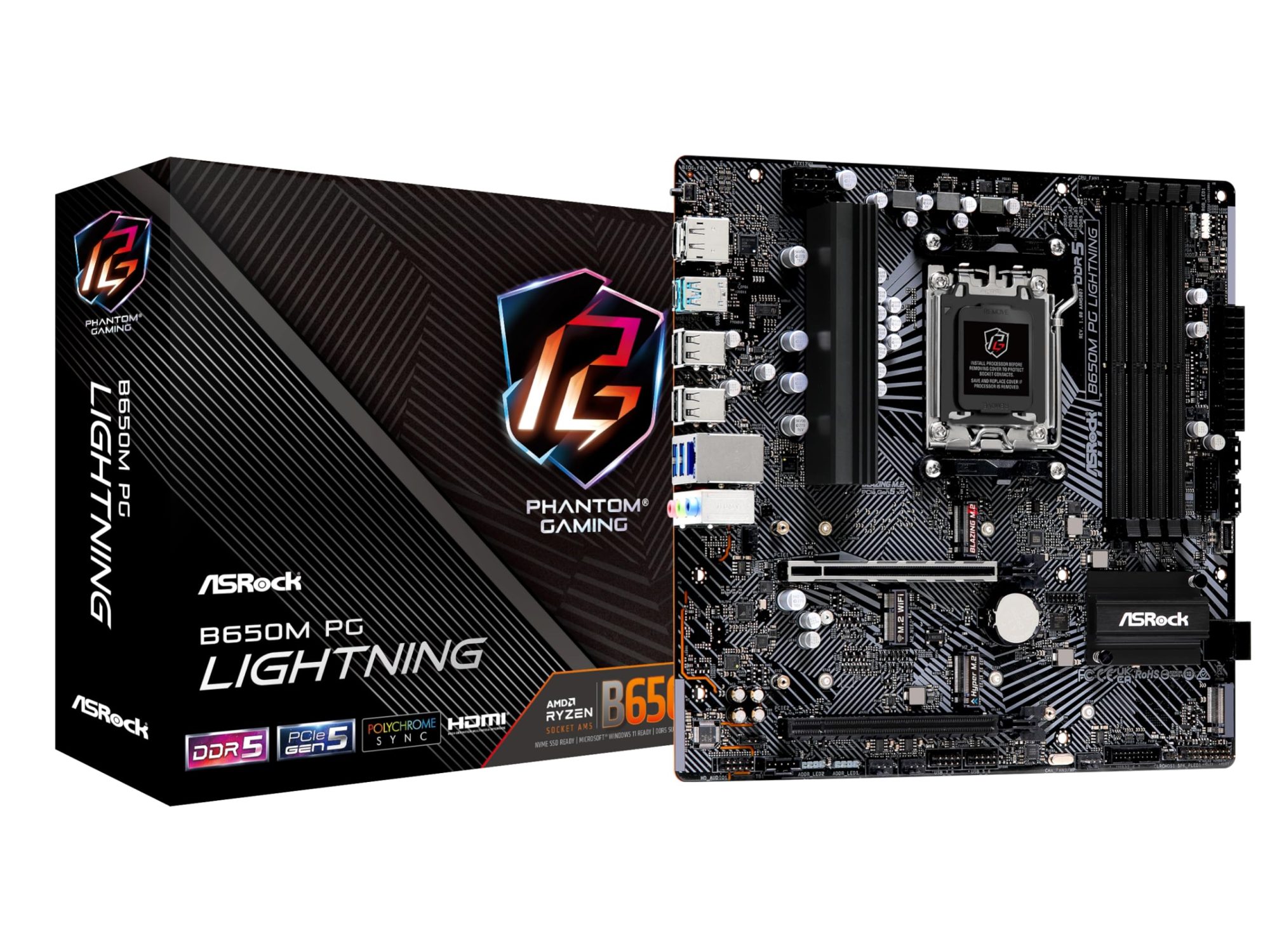 ASRock B650M PG Lightning AMD AM5 Socket Motherboard, Micro-ATX, 4x DDR5 Slots, 3x M.2 Sockets, 1x USB-C Port, 2.5GbE LAN, 1x DisplayPort / 1x HDMI Port