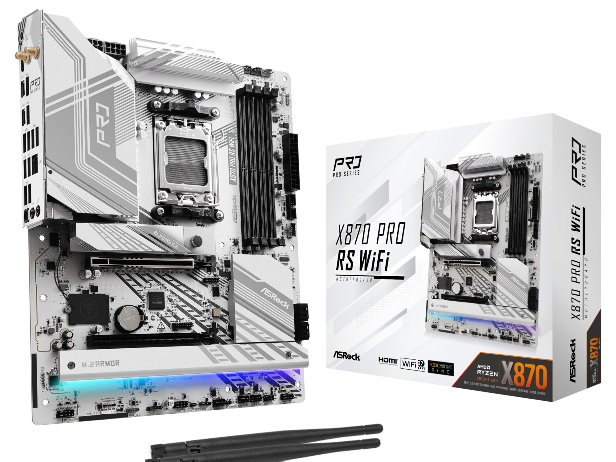 ASRock X870 PRO RS WIFI AMD AM5 Socket Motherboard, ATX, 4x DDR5 Slots, 3x M.2 Sockets, 3x USB-C Port, Fitted I/O Shield, 2.5GbE LAN, Wi-Fi 7, 1x HDMI Port / 2x USB-C (USB4)