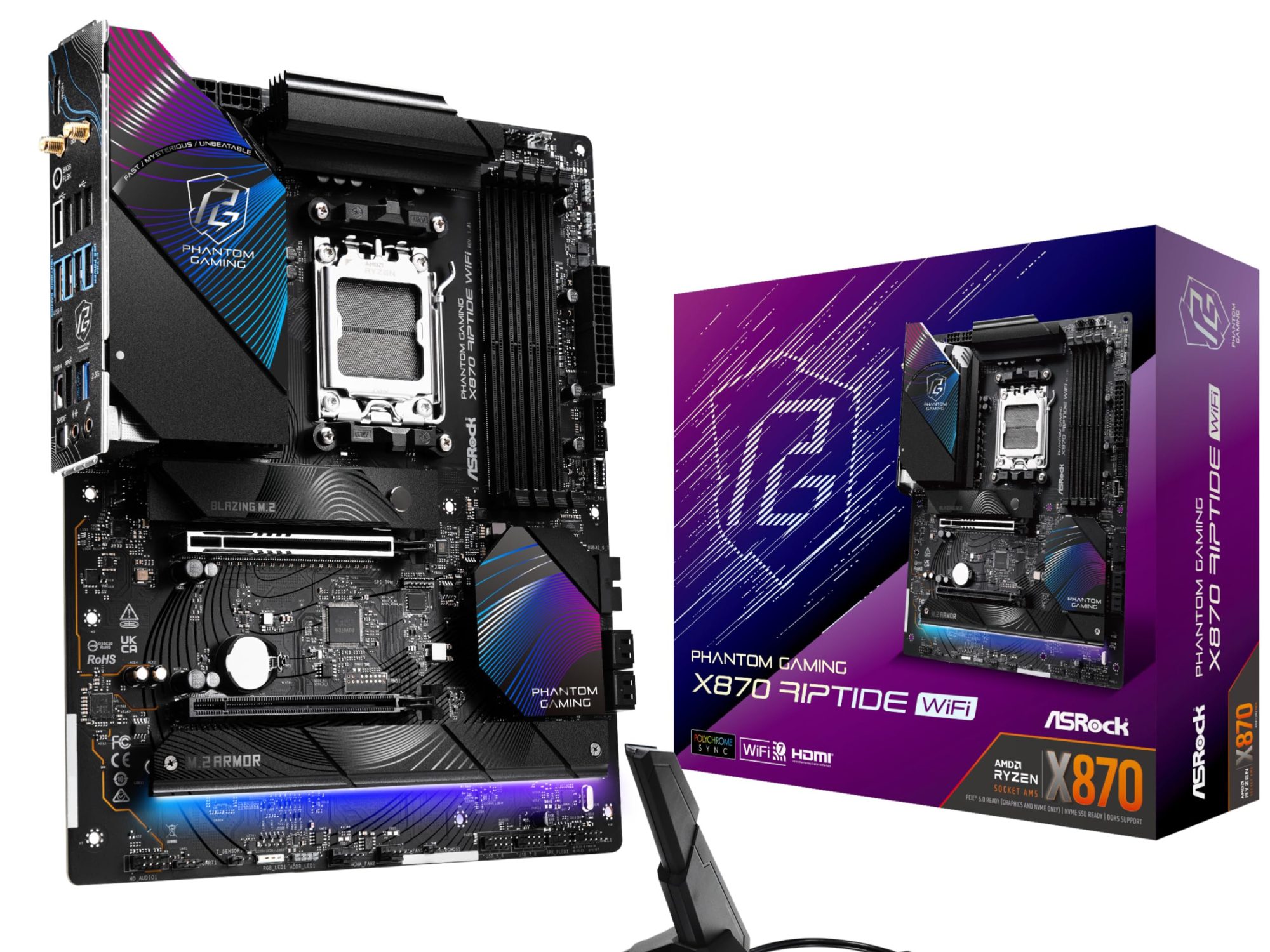 ASRock X870 RIPTIDE WIFI AMD AM5 Socket Motherboard, ATX, 4x DDR5 Slots, 3x M.2 Sockets, Fitted I/O Shield, 2.5GbE LAN, Wi-Fi 7, 1x HDMI Port / 2x USB-C (USB4)