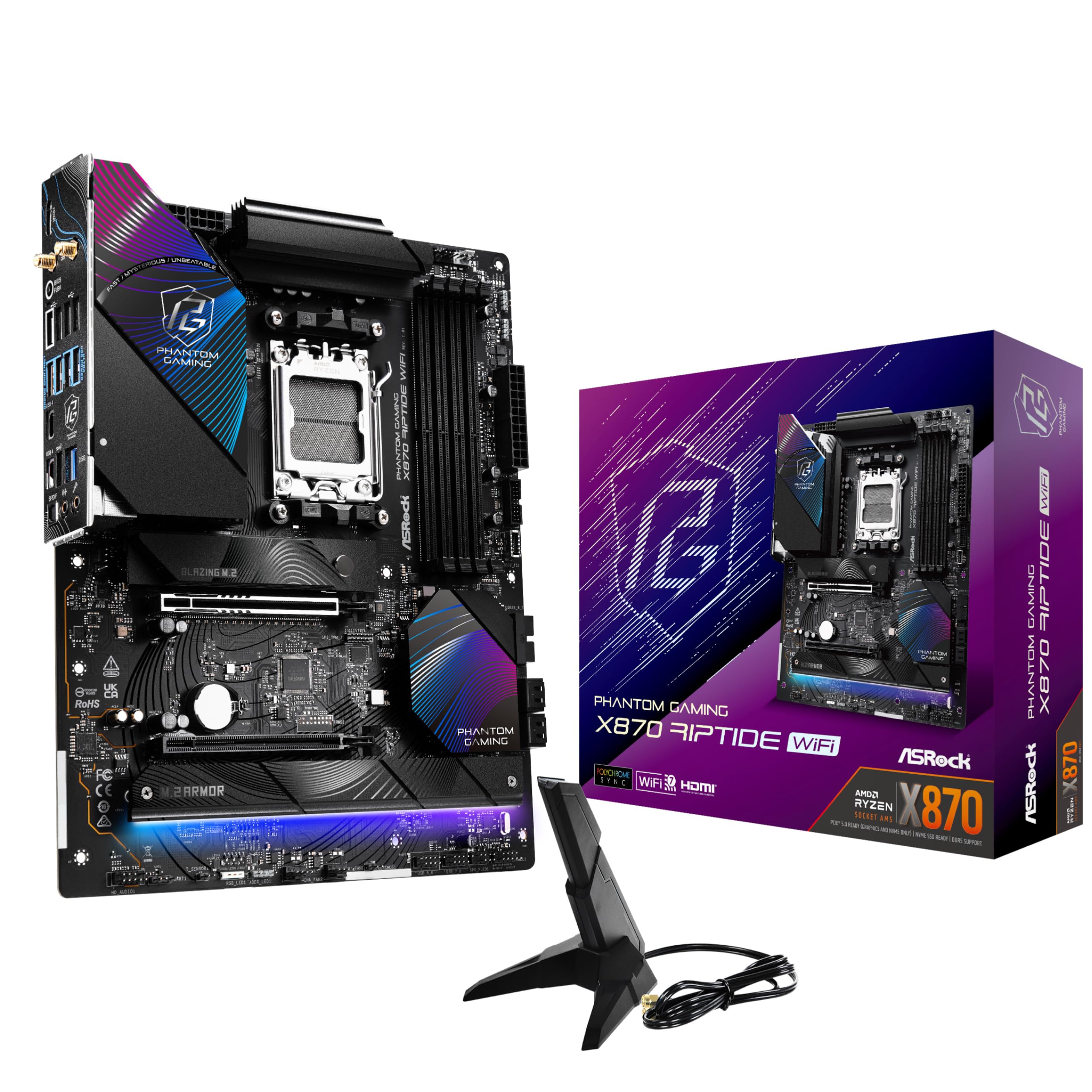 ASRock X870 RIPTIDE WIFI AMD AM5 Socket Motherboard, ATX, 4x DDR5 Slots, 3x M.2 Sockets, Fitted I/O Shield, 2.5GbE LAN, Wi-Fi 7, 1x HDMI Port / 2x USB-C (USB4)