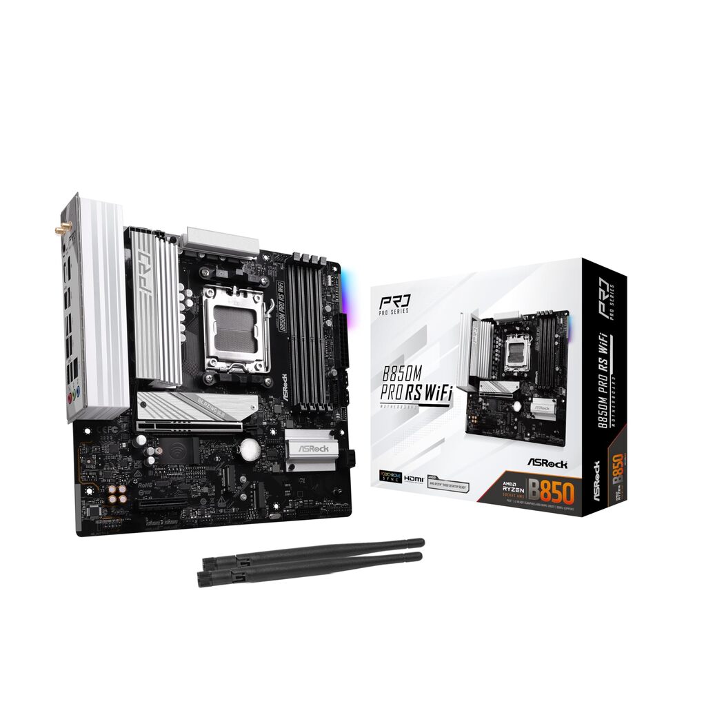 ASRock B850M Pro RS WiFi AMD AM5 Socket Motherboard, Micro-ATX, 4x DDR5 Slots, 3x M.2 Sockets, Fitted I/O Shield, 2.5GbE LAN, Wi-Fi 6E, 1x DisplayPort / 1x HDMI Port