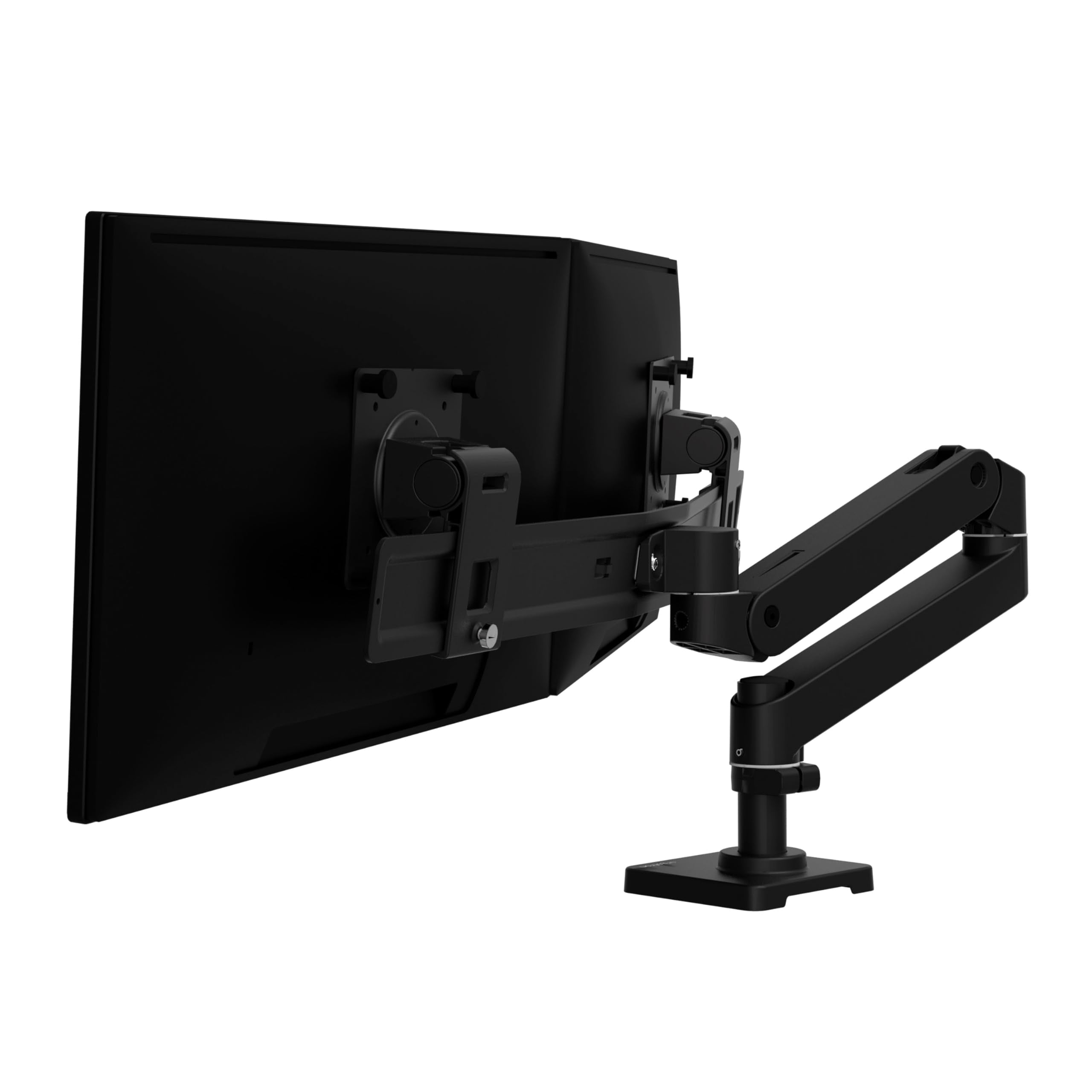Dual monitor arm - For screens sized up to 27" - Weight Capacity: Maximum individual monitor weight = 9.4 lbs (4.25 kg). Total weight capacity = 18.8 lbs (8.5 kg). Display depth greater than 3" (7.5 cm) may affect weight capacity - Black - Desk-mountable (2-piece desk clamp)