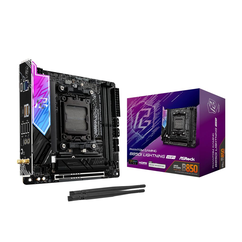 ASRock B850I Lightning WiFi PHANTOM GAMING AMD AM5 Socket Motherboard, Mini-ITX, 2x DDR5 Slots, 2x M.2 Sockets, 2x USB-C Port, Fitted I/O Shield, 2.5GbE LAN, Wi-Fi 6E, 1x HDMI Port / 1x USB-C