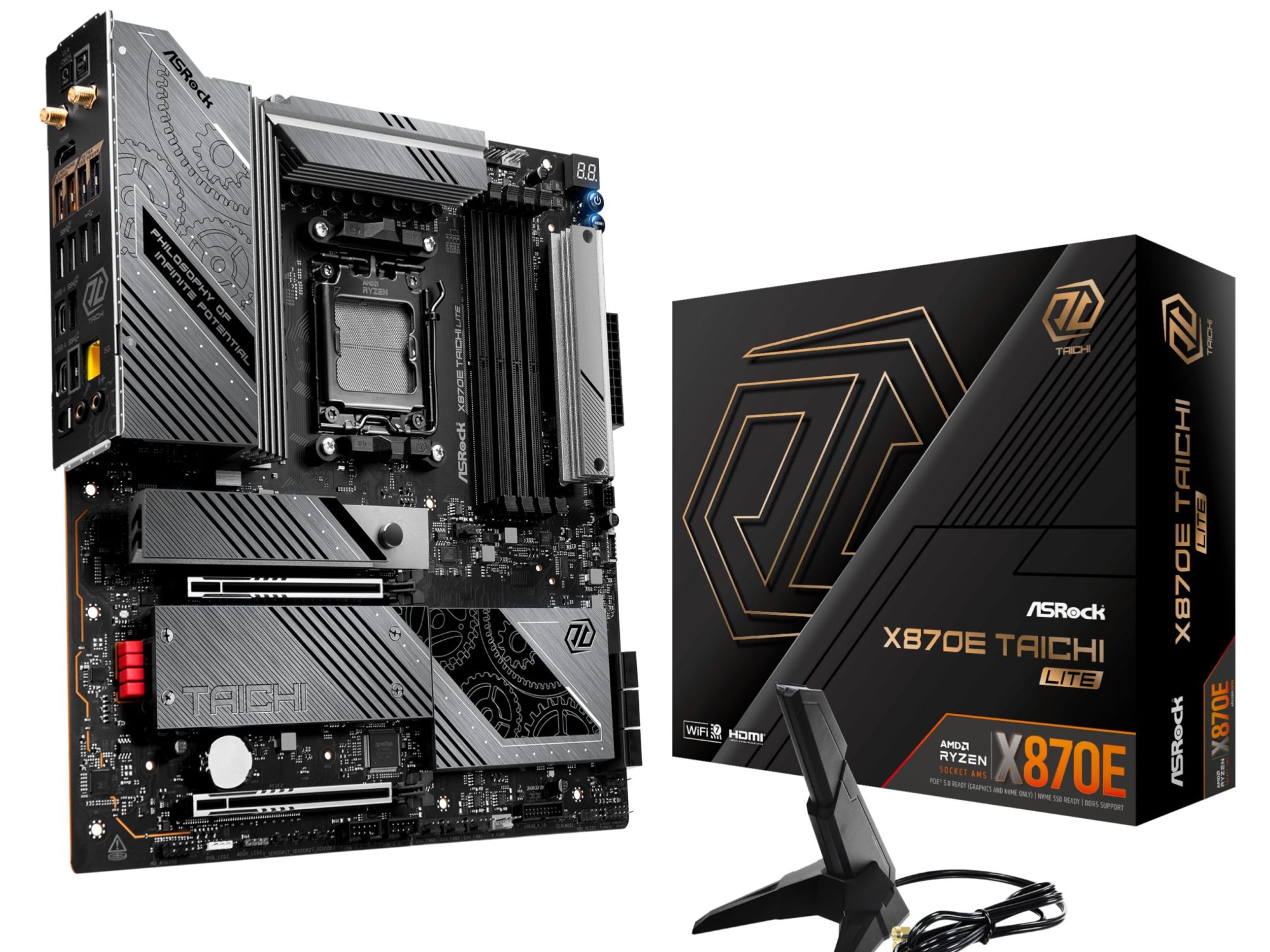 ASRock X870E TAICHI LITE AMD AM5 Socket Motherboard, E-ATX, 4x DDR5 Slots, 4x M.2 Sockets, Fitted I/O Shield, 5GbE LAN, Wi-Fi 7, 1x HDMI Port / 2x USB-C (USB4)