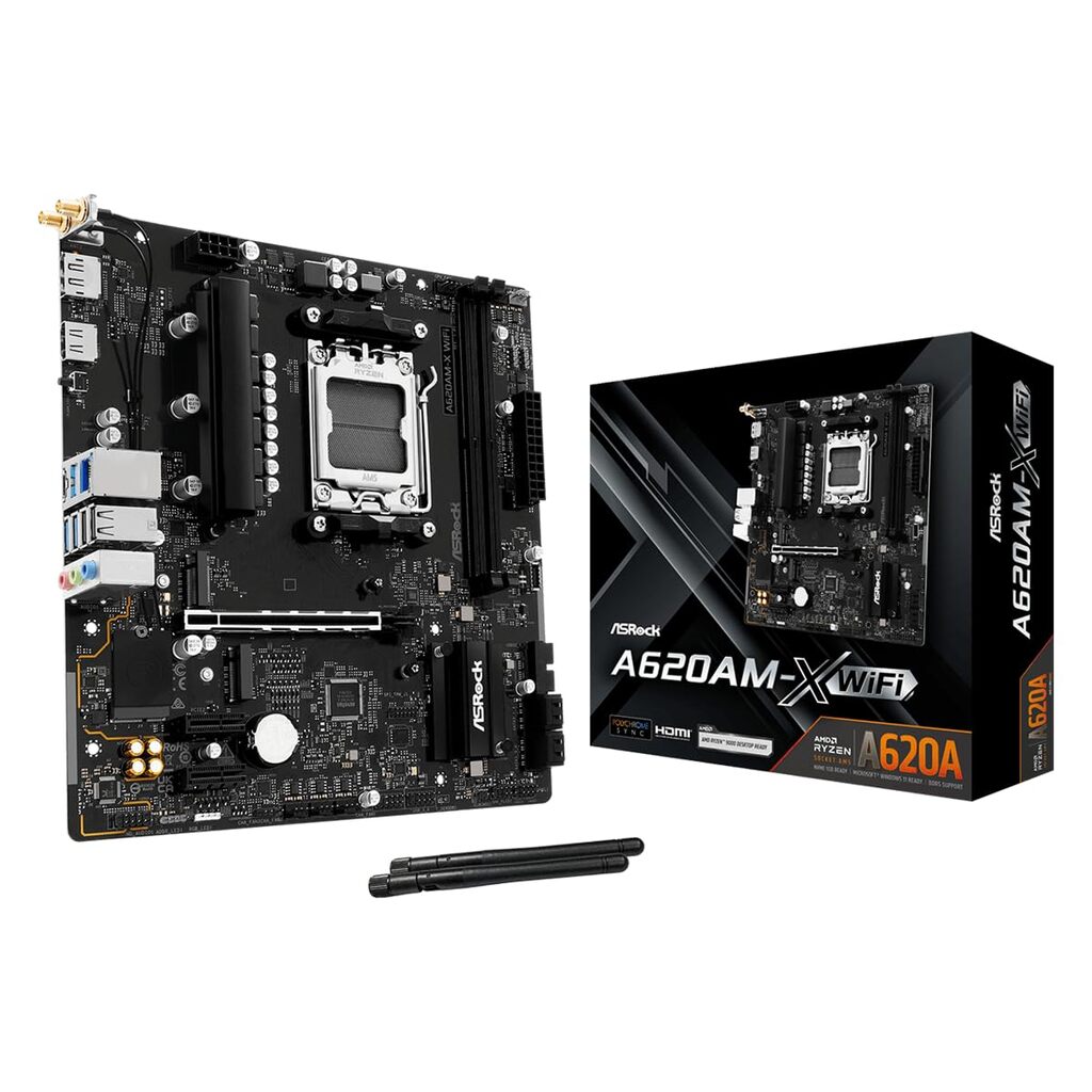 ASRock A620AM-X WIFI AMD Socket AM5 Motherboard, 2 x DDR5 DIMM Slots, 1 x M.2 Socket (Key E), 2 x USB 3.2 Type-C, 2.5G LAN, 802.11ac Wi-Fi Module, 1 x HDMI Port/ 1 x Display Port