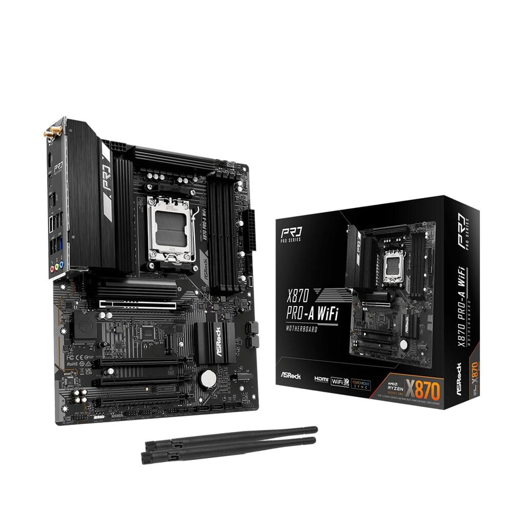 ASRock X870 Pro-A WiFi AMD AM5 Socket Motherboard, 4 x DDR5 DIMM Slots, 1 x M.2 Socket (Key E), 2 x USB4 Type-C, 2.5G LAN, 802.11be Wi-Fi 7 Module, 1 x HDMI Port