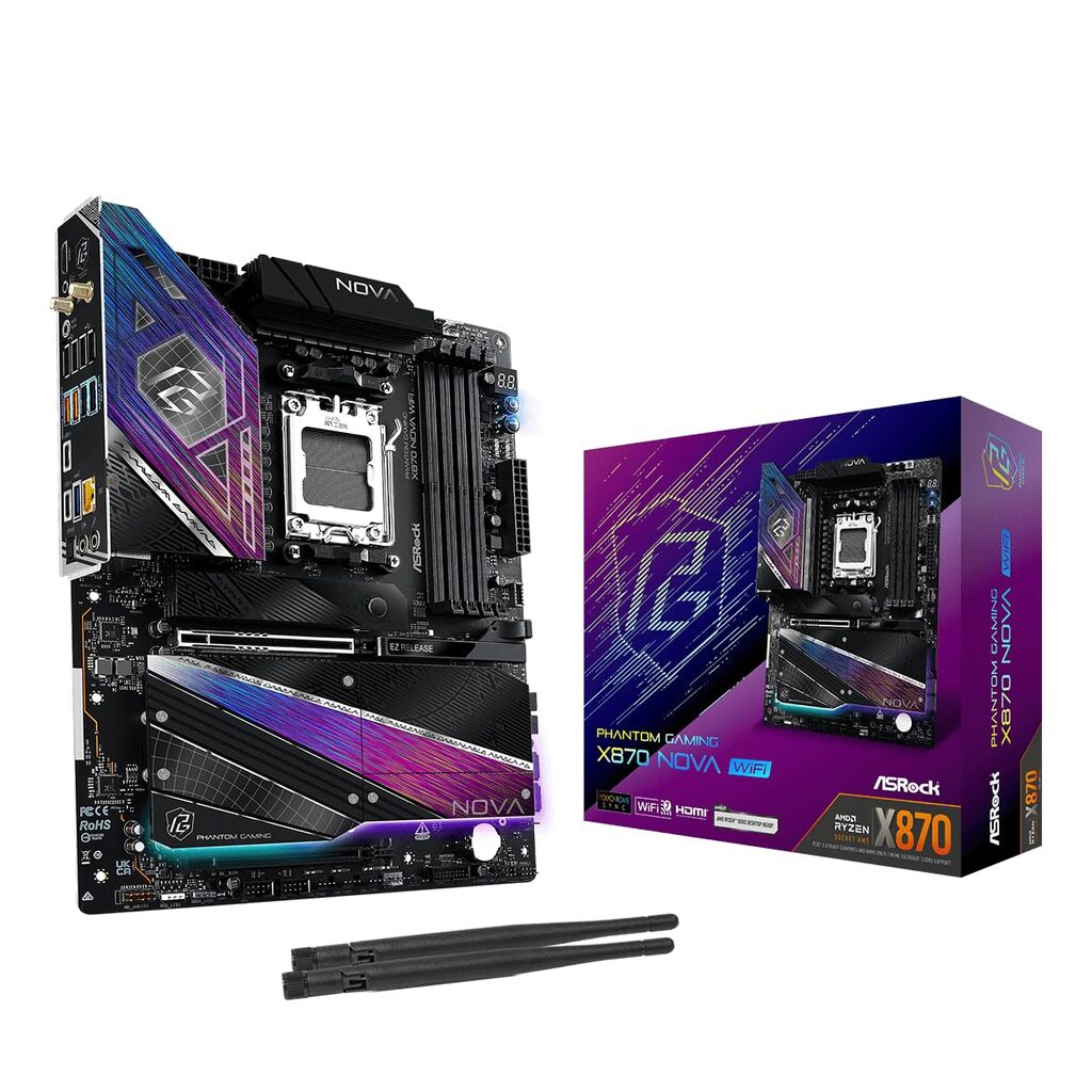 ASRock PHANTOM GAMING X870 Nova WiFi AMD Socket AM5 Motherboard, 4 x DDR5 Slots, 5x M.2 Socket, 5GbE LAN, Wi-Fi 7, 1x HDMI Port / 1x USB-C (USB4)
