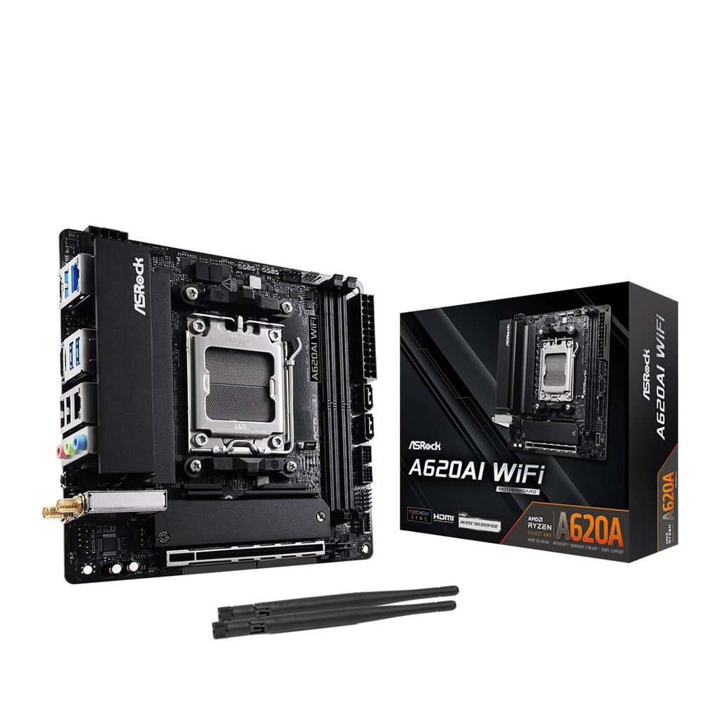 ASRock A620AI WIFI AMD AM5 Socket Motherboard, Mini-ITX, 2x DDR5 Slots, 1x M.2 Socket, GbE LAN, 1x HDMI Port