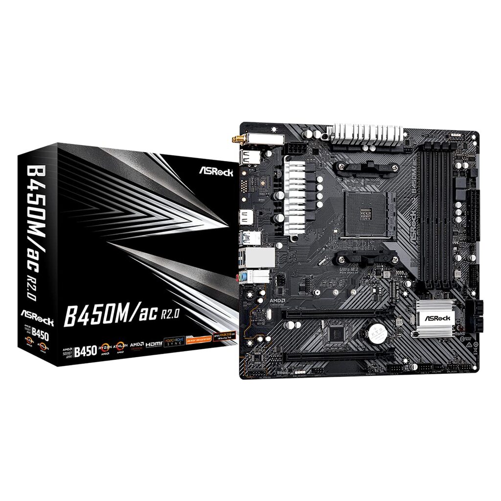ASRock B450M/ac R2.0 AM4 Super Alloy Socket Motherboard, Micro ATX, 4x DDR4 Slots, 4 x SATA3, 1 x Ultra M.2 (PCIe Gen3x4), LAN, 1x HDMI Port