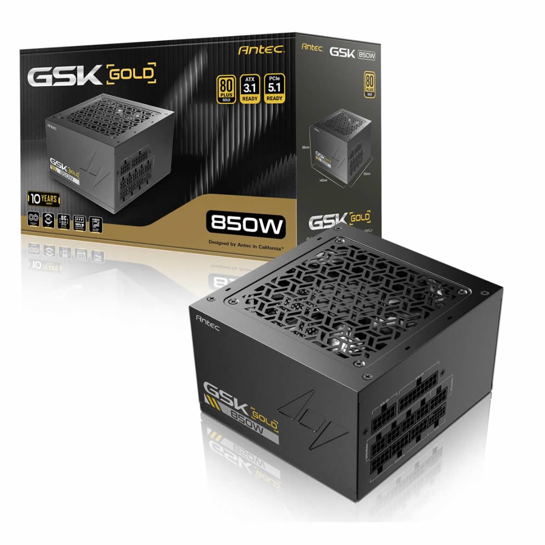 Antec GSK850 V2 850W Fully Modular ATX 3.1 Power Supply, 80 PLUS Gold, PCIe 5.1 Ready with 12V-2x6 Cable, Silent 120mm Fan, High-Performance PSU for Gaming PCs