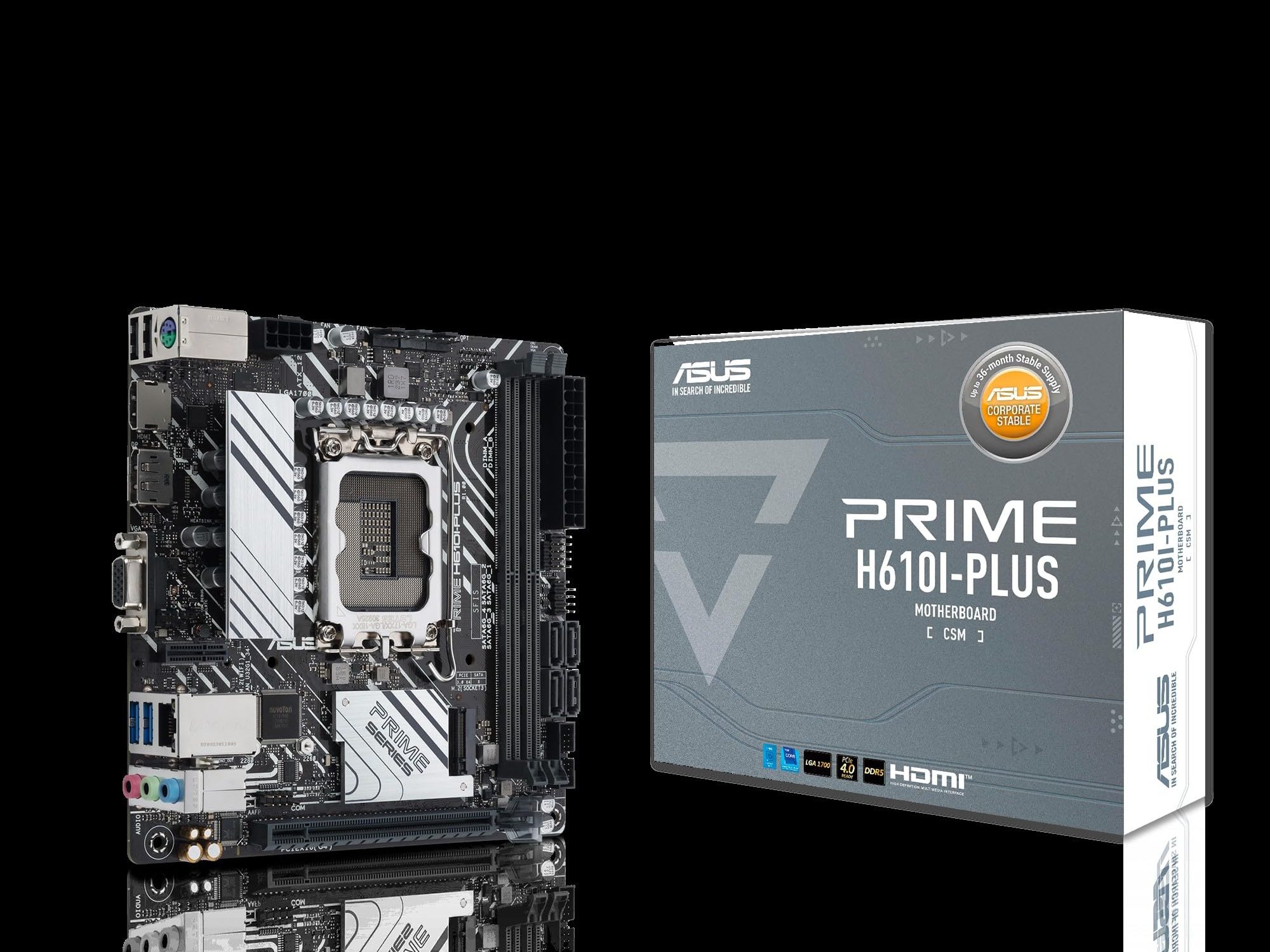 ASUS PRIME H610I-PLUS-CSM - Motherboard - mini ITX - LGA1700 Socket - H610 Chipset - USB 3.2 Gen 1 - Gigabit LAN - onboard graphics (CPU required) - HD Audio (8-channel)