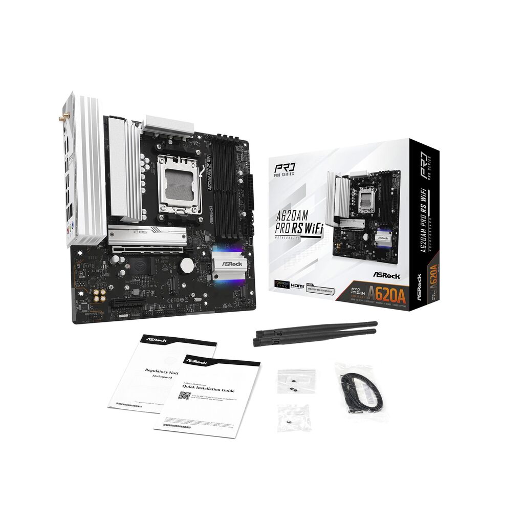 ASRock A620AM Pro RS WiFi AMD Socket AM5 Motherboard, 4 x DDR5 DIMM Slots, 1 x M.2 Socket (Key E), 2 x USB 3.2 Type-C, 2.5G LAN, 802.11axe Wi-Fi 6E Module, 1 x HDMI Port/ 1 x Display Port