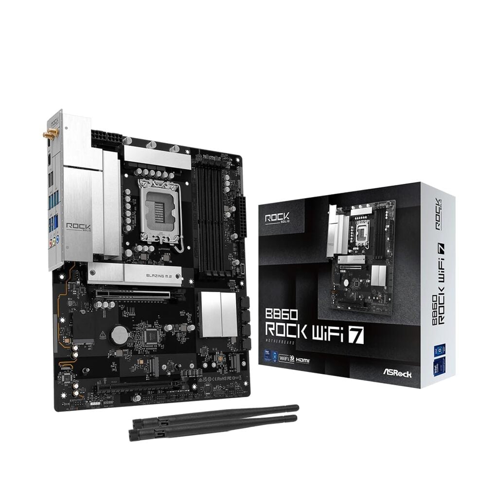 ASRock B860 Rock WiFi 7 Intel 1851 Socket Motherboard, ATX, 4x DDR5 Slots, 3x M.2 Socket, Fitted I/O Shield, 2.5GbE LAN, Wi-Fi 7, 1x HDMI Port