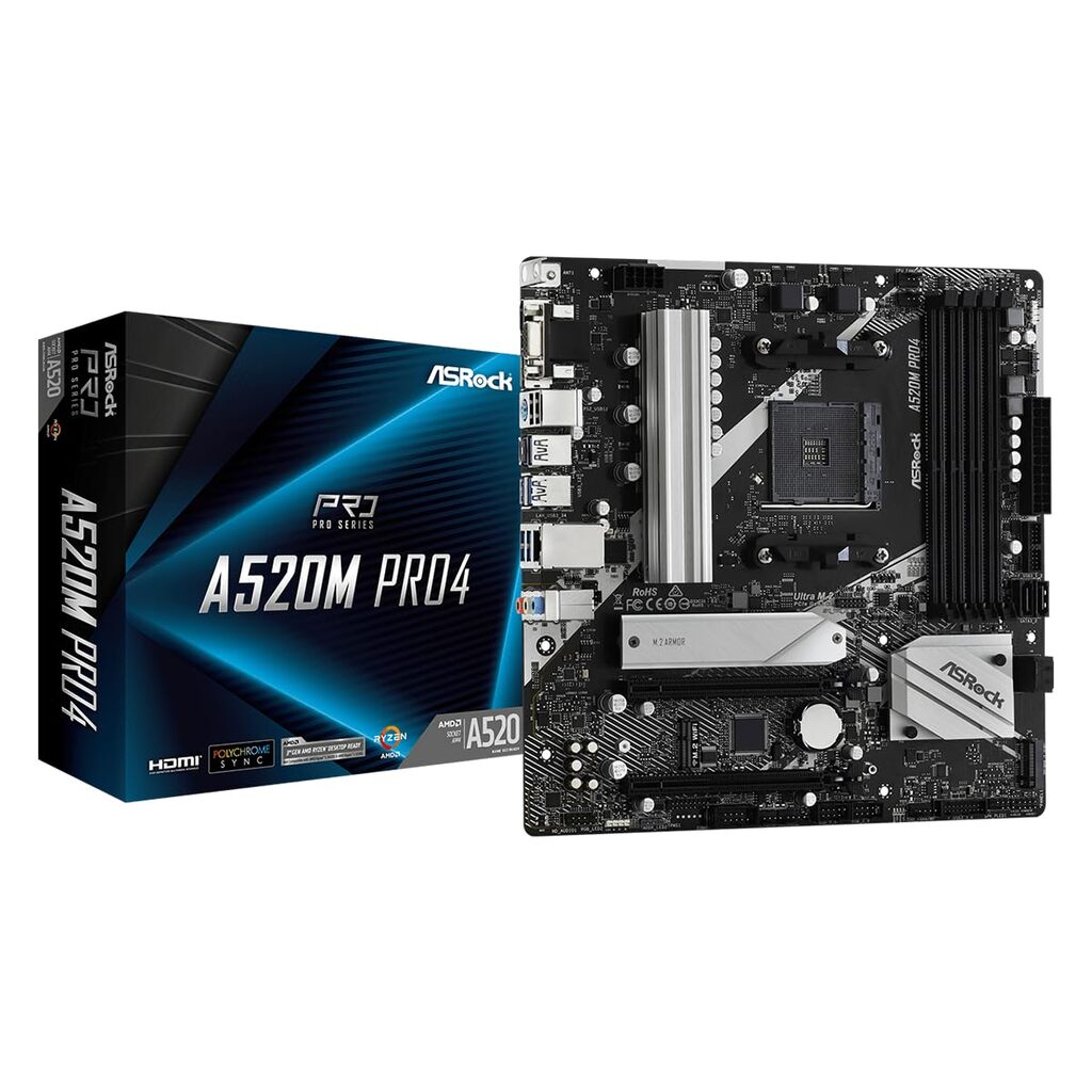 ASRock A520M PRO4 Super Alloy AMD AM4 Socket Motherboard, Micro-ATX, 4x DDR4 Slots, 1x M.2 Socket, GbE LAN, 1x D-Sub / 1x DisplayPort / 1x HDMI Port