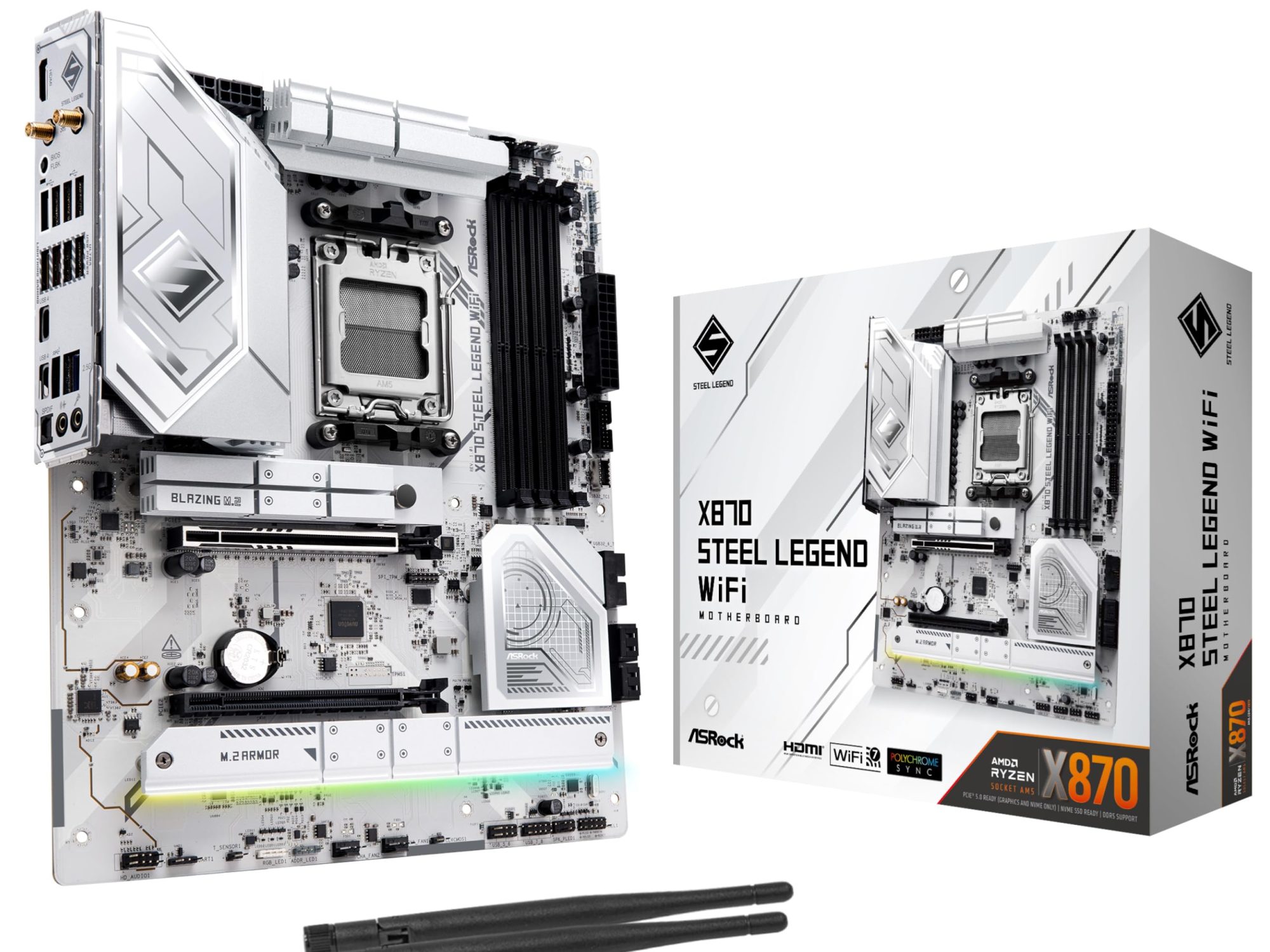 ASRock X870 STEEL LEGEND WIFI AMD AM5 Socket Motherboard, ATX, 4x DDR5 Slots, 3x M.2 Sockets, Fitted I/O Shield, 2.5GbE LAN, Wi-Fi 7, 1x HDMI Port / 2x USB-C (USB4)