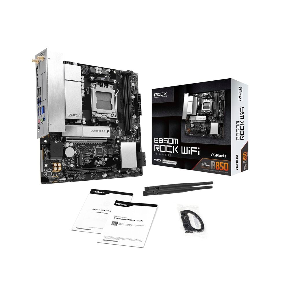 ASRock B850M Rock WiFi AMD AM5 Socket Motherboard, Micro-ATX, 2x DDR5 Slots, 2x M.2 Socket, Fitted I/O Shield, 2.5GbE LAN, Wi-Fi 6E, 1x DisplayPort / 1x HDMI Port