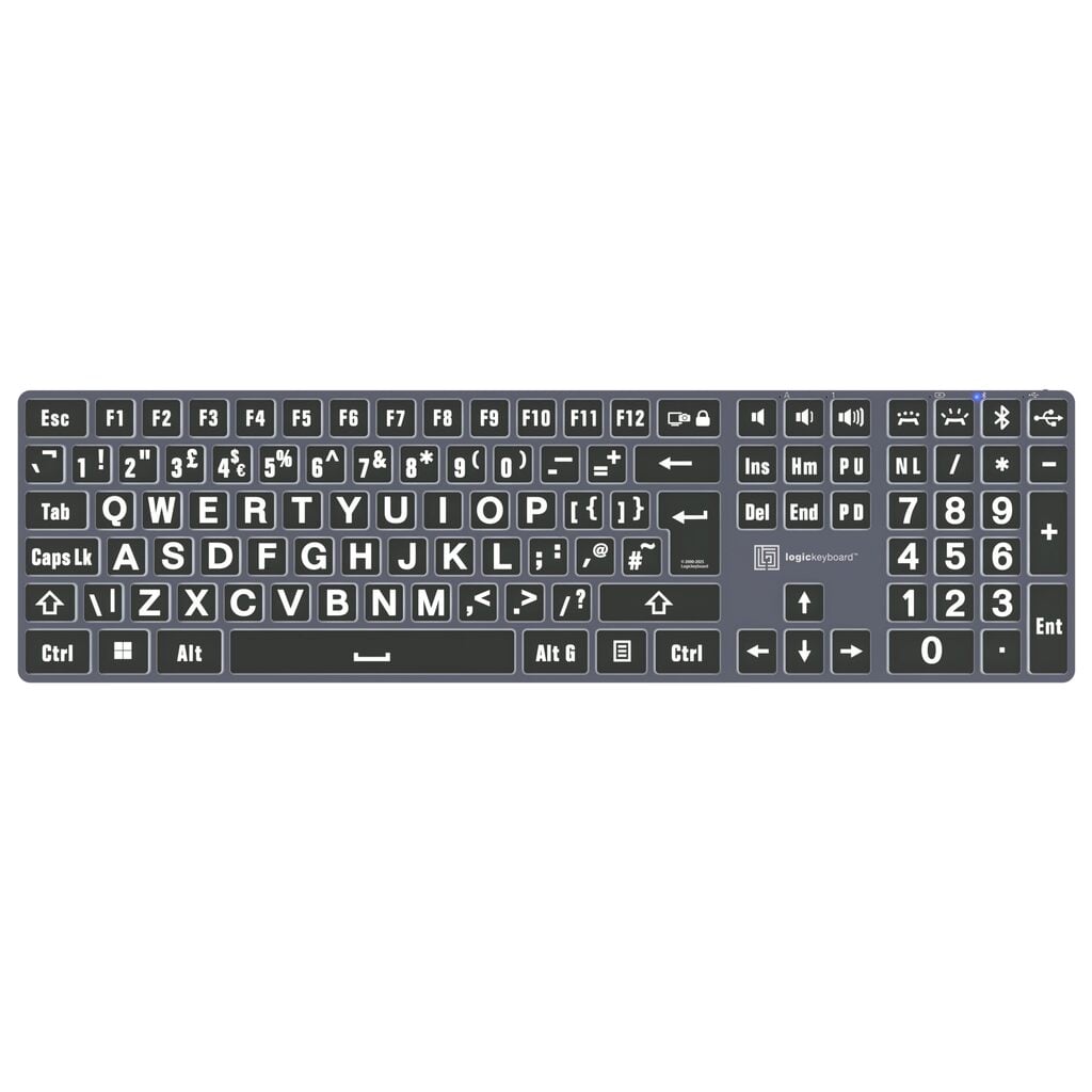 Wireless & Backlit Large Print Logickeyboard - White on Black