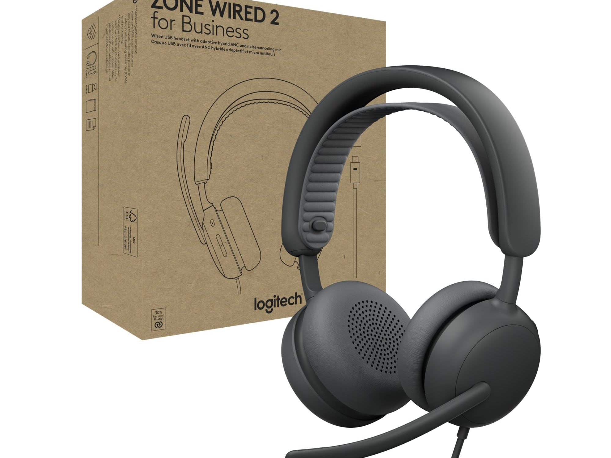 Logitech Zone Wired 2 for Business - Headset - on-ear - wired - active noise cancelling - graphite - UC certified