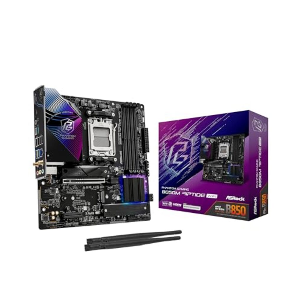 ASRock B850M Riptide WiFi AMD AM5 Socket Motherboard, Micro-ATX, 4x DDR5 Slots, 3x M.2 Sockets, Fitted I/O Shield, 2.5GbE LAN, Wi-Fi 7, 1x DisplayPort / 1x HDMI Port