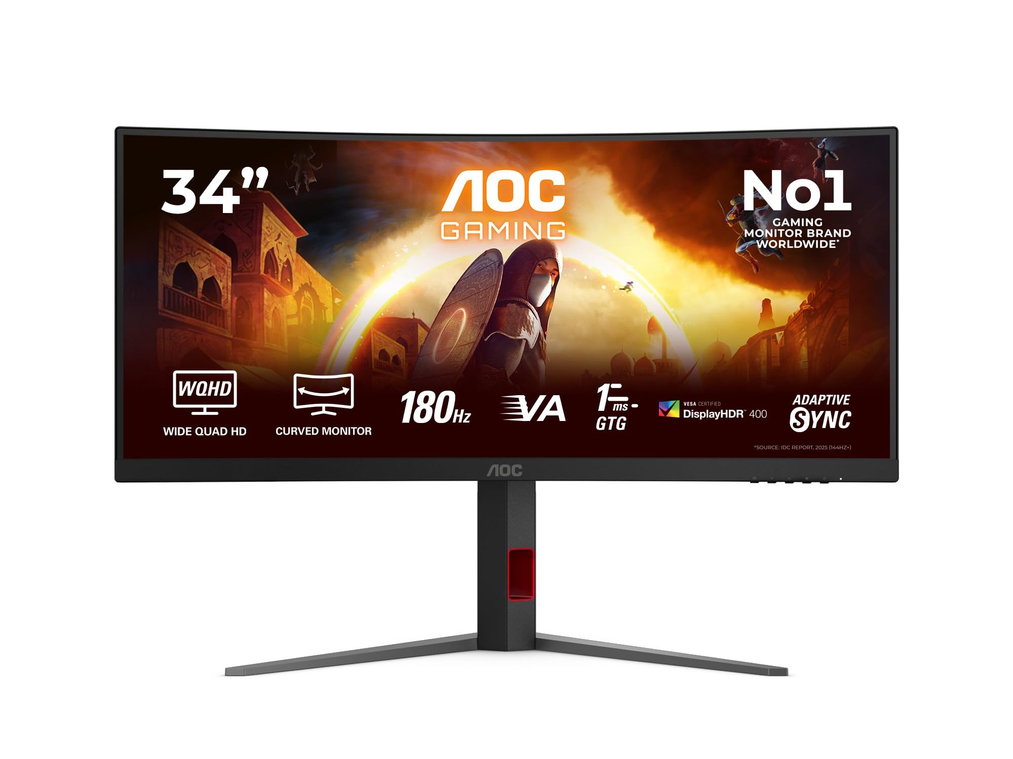AOC Gaming CU34G4CA - G4 Series - LED monitor - gaming - curved - 34" - 3440 x 1440 UWQHD @ 180 Hz - Fast VA - 2500:1 - DisplayHDR 400 - 0.5 ms - 2xHDMI, DisplayPort, USB-C - speakers - black, red