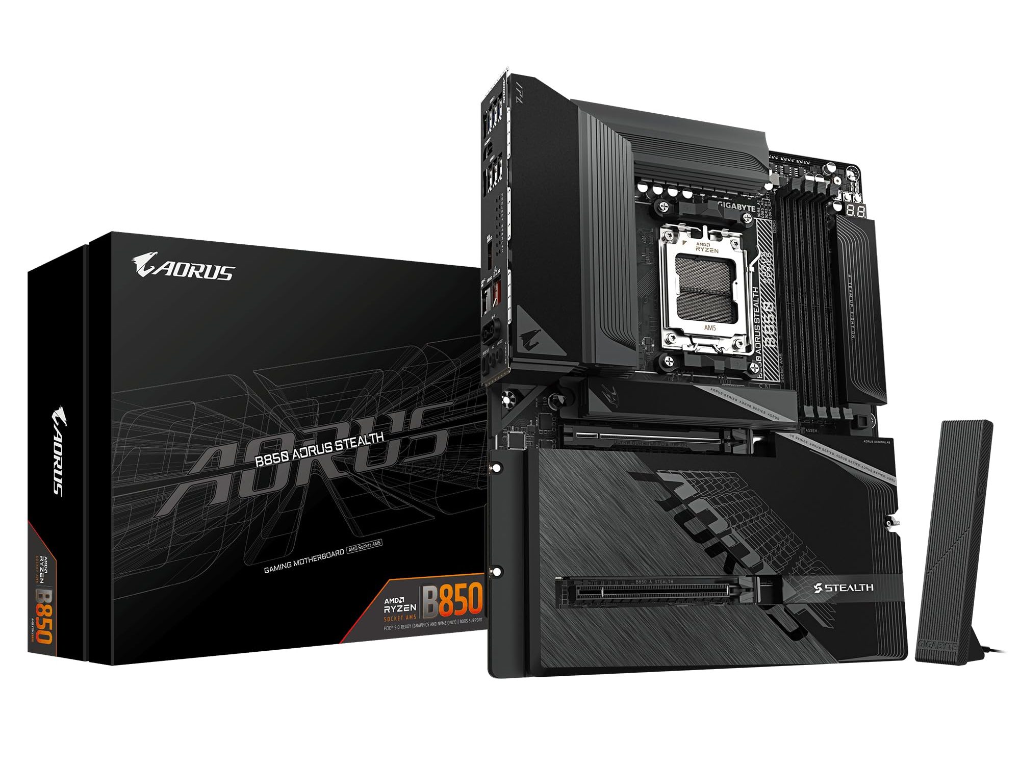 Gigabyte B850 AORUS STEALTH AMD AM5 Socket Motherboard, ATX, 4x DDR5 Slots, 4x M.2 Sockets, Fitted I/O Shield, 5GbE LAN, Wi-Fi 7, 1x HDMI Port