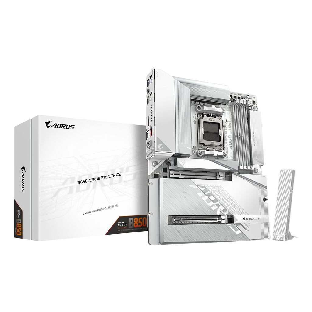 Gigabyte B850 AORUS STEALTH ICE AMD AM5 Socket Motherboard, ATX, 4x DDR5 Slots, 4x M.2 Sockets, Fitted I/O Shield, 5GbE LAN, Wi-Fi 7, 1x HDMI Port