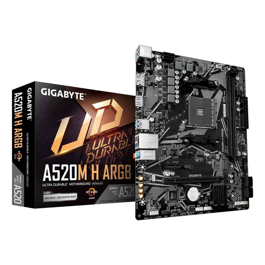 Gigabyte A520M H ARGB AMD AM4 Socket Motherboard, Micro-ATX, 2x DDR4 Slots, 1x M.2 Socket, GbE LAN, 1x DisplayPort / 1x HDMI Port