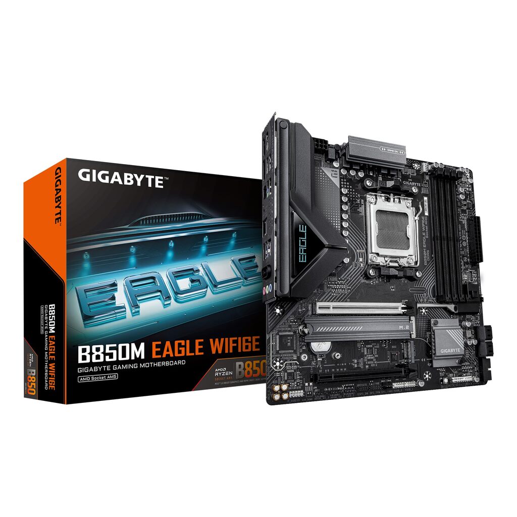Gigabyte B850M Eagle WIFI6E AMD AM5 Socket Motherboard, Micro-ATX, 4x DDR5 Slots, 2x M.2 Sockets, Fitted I/O Shield, 2.5GbE LAN, Wi-Fi 6E, 2x DisplayPorts / 1x HDMI Port