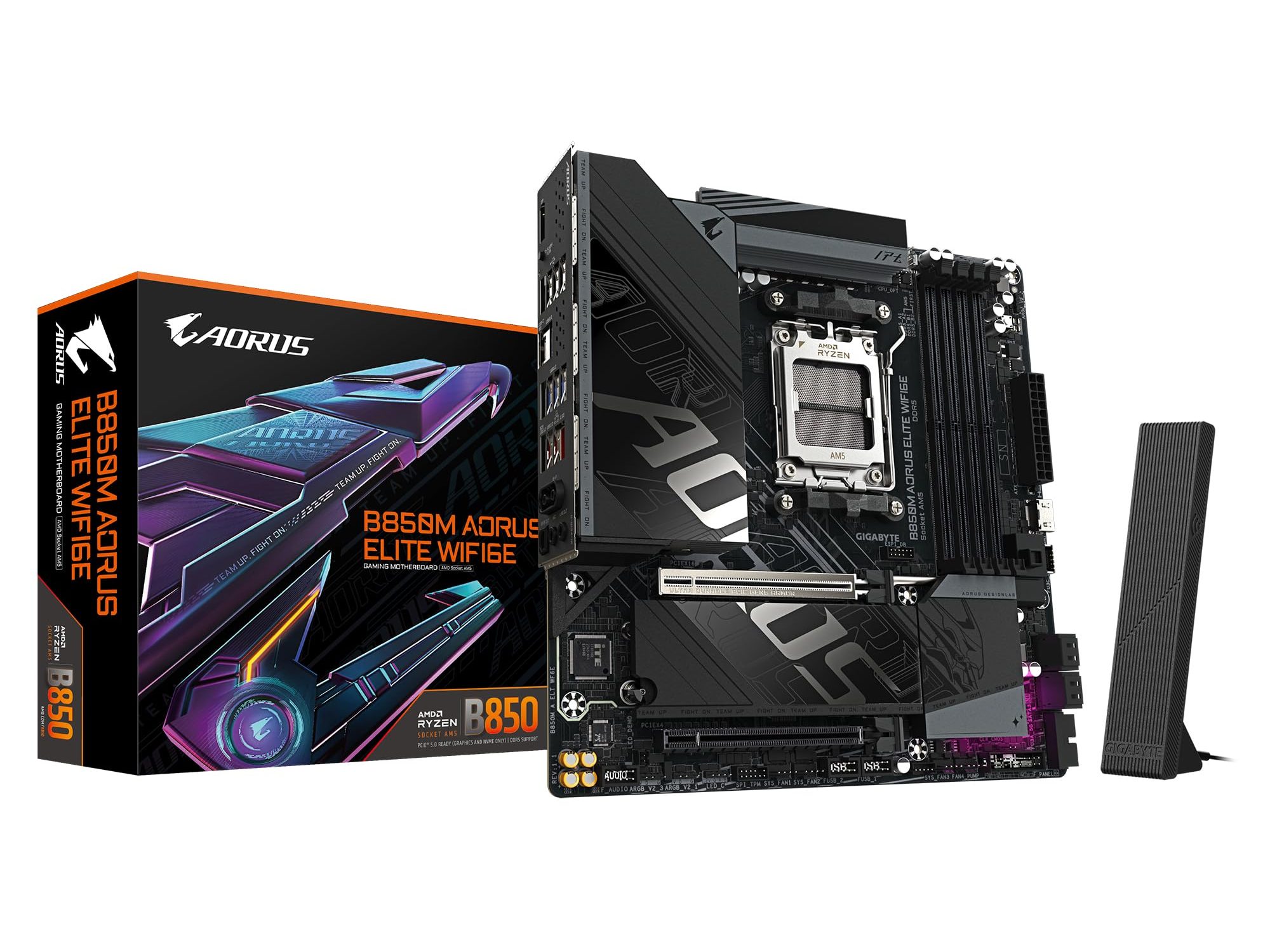 Gigabyte B850M AORUS ELITE WIFI6E AMD AM5 Socket Motherboard, Micro-ATX, 4x DDR5 Slots, 2x M.2 Sockets, Fitted I/O Shield, 2.5GbE LAN, Wi-Fi 6E, 1x DisplayPort
