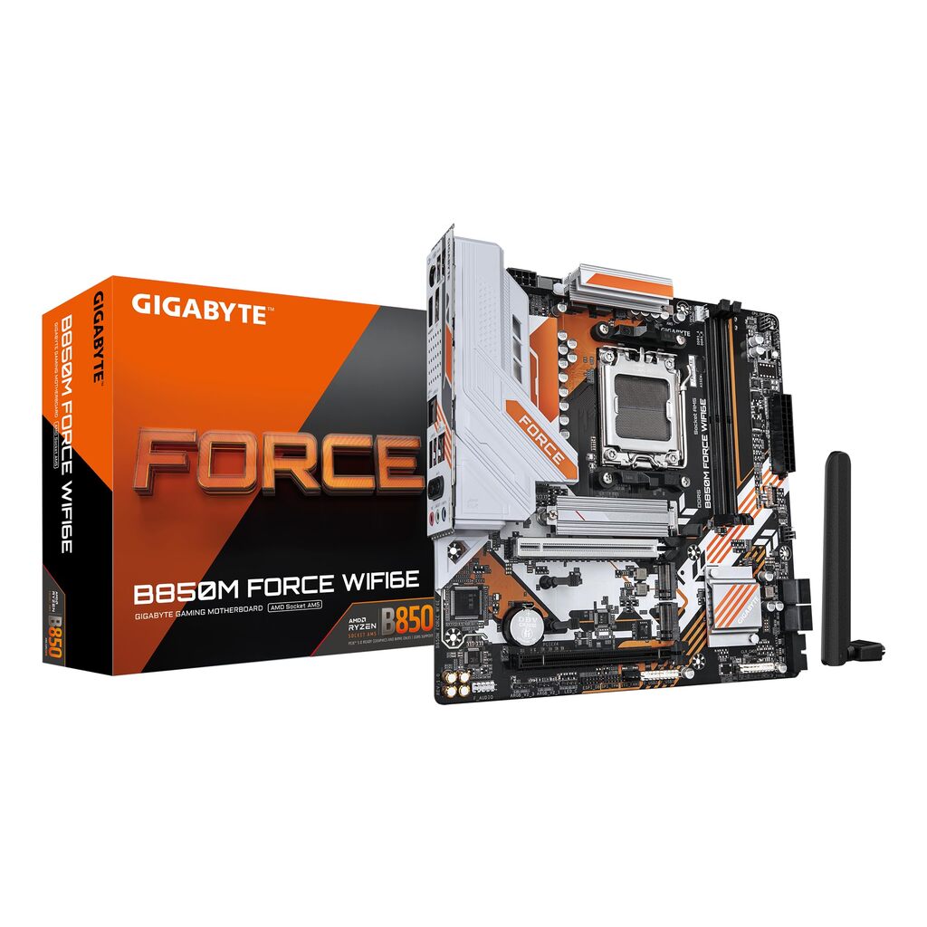 Gigabyte B850M FORCE WIFI6E AMD AM5 Socket Motherboard, Micro-ATX, 2x DDR5 Slots, 3x M.2 Sockets, Fitted I/O Shield, 2.5GbE LAN, Wi-Fi 6E, 1x DisplayPort / 1x HDMI Port