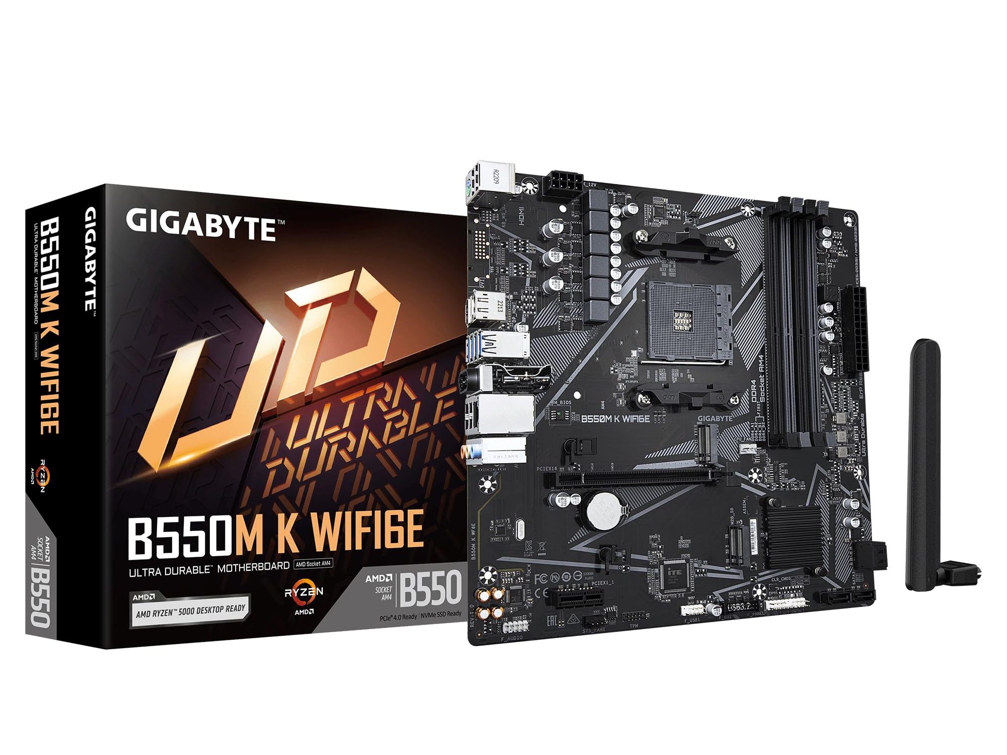 Gigabyte B550M K WIFI6E AMD AM4 Socket Motherboard, Micro-ATX, 4x DDR4 Slots, 2x M.2 Sockets, GbE LAN, Wi-Fi 6E, 1x DisplayPort / 1x HDMI Port