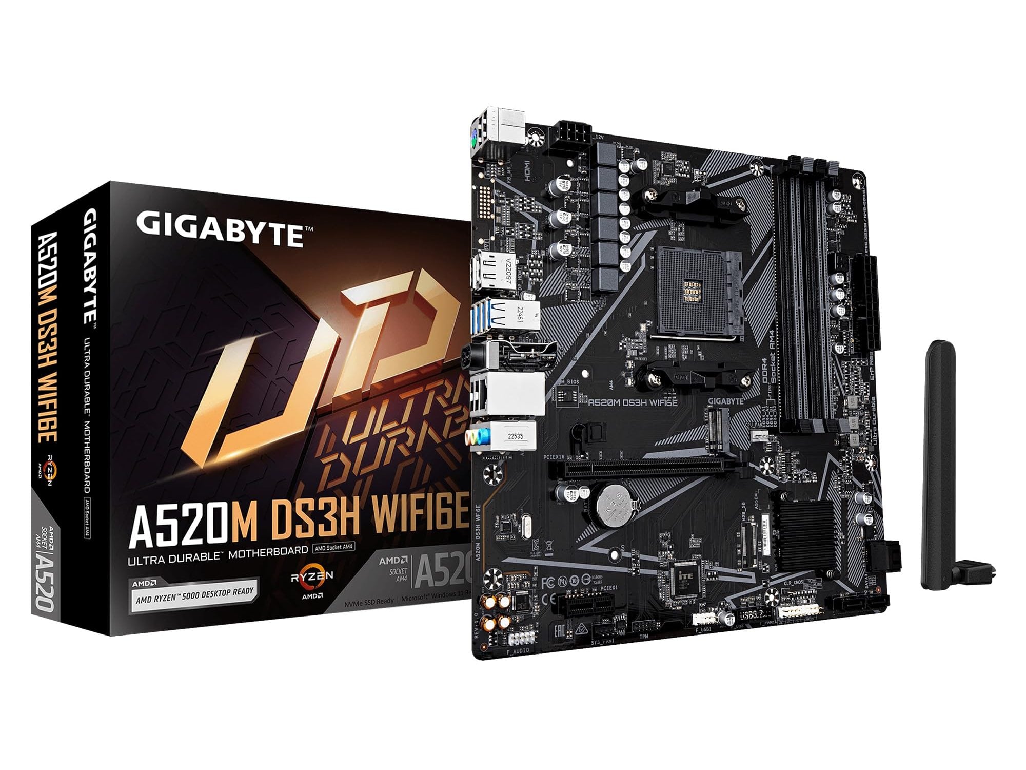 Gigabyte A520M DS3H WIFI6E AMD AM4 Socket Motherboard, Micro-ATX, 4x DDR4 Slots, 1x M.2 Socket, GbE LAN, Wi-Fi 6E, 1x DisplayPort / 1x HDMI Port