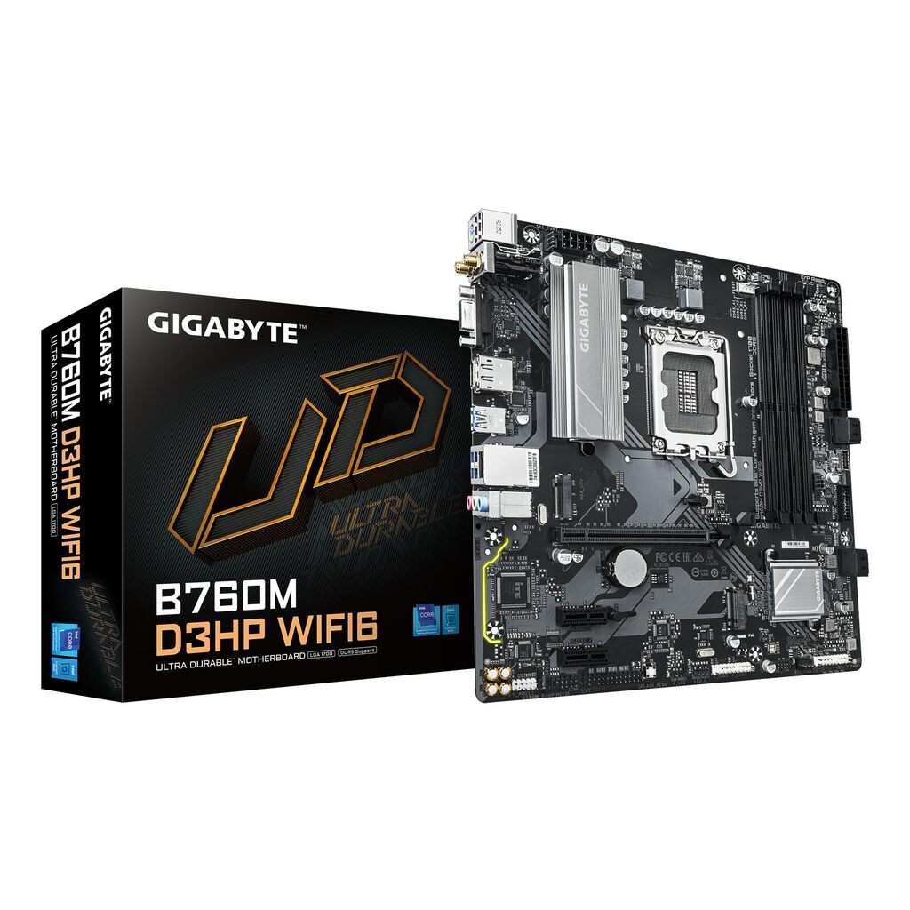 Gigabyte B760M D3HP WIFI6 Intel 1700 Socket Motherboard, Micro-ATX, 4x DDR5 Slots, 2x M.2 Sockets, GbE LAN, Wi-Fi 6, 1x D-Sub / 1x DisplayPort / 1x HDMI Port