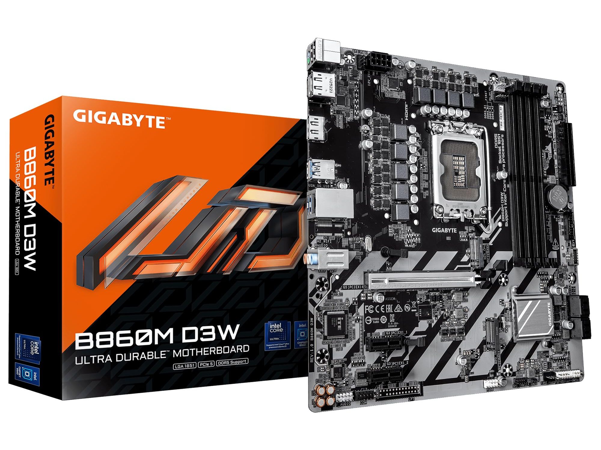 Gigabyte B860M D3W Intel 1851 Socket Motherboard, Micro-ATX, 4x DDR5 Slots, 2x M.2 Sockets, GbE LAN, 2x DisplayPorts / 1x HDMI Port